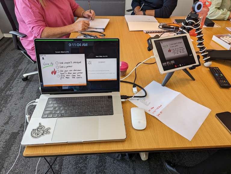 Dual camera set up for a remote participant with Covid. We were able to get materials into their hands within 12 hours of the course! Thanks to the course organiser for making it happen.
